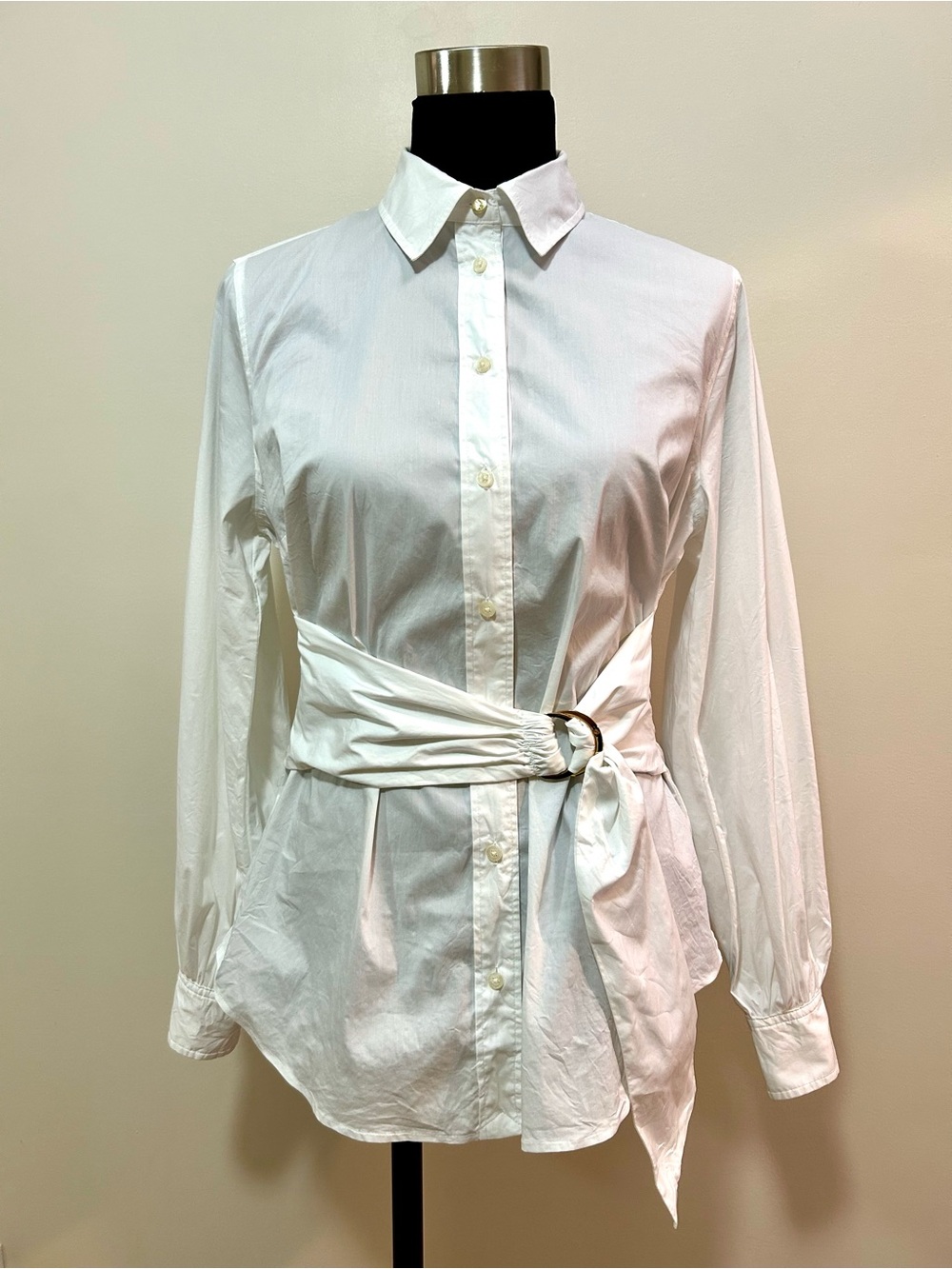 Lauren Ralph Lauren White Tie-Front Cotton Blend Shirt Size M